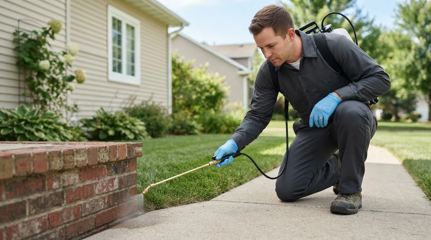 Pest control technician treating a home near Orchard Park, NY